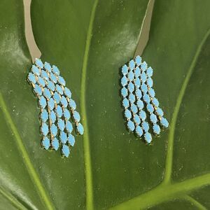 Blue Glass / Cat Eye / Tassel Dangle Earrings / Silver Backing  Post Closure